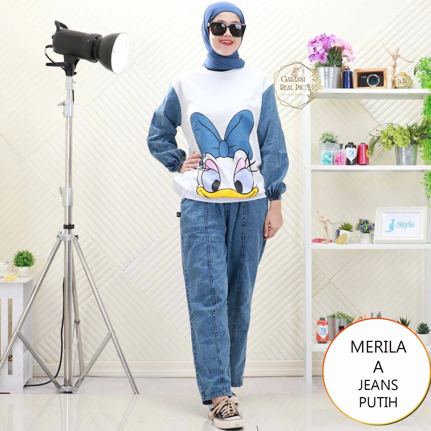 Merila One Set Jeans Washed Mix Cotton Combed Motif Sablon