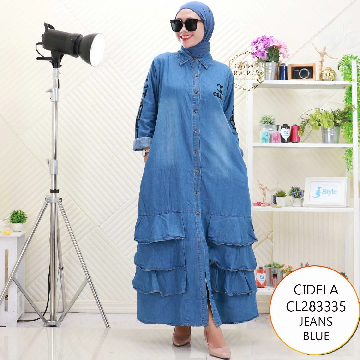 Cidela Gamis Jeans Bordir Full Kancing Umpak Depan