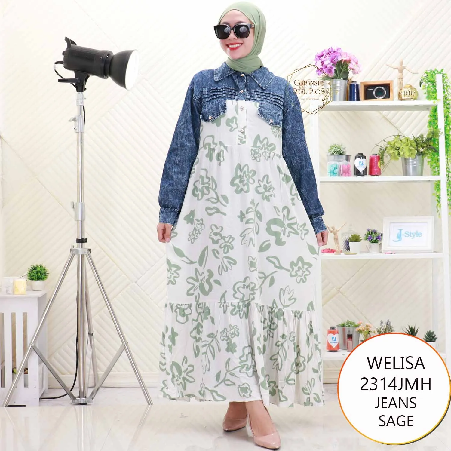 Welisa Gamis Jeans Mix Katun Lipit Depan Busui Friendly