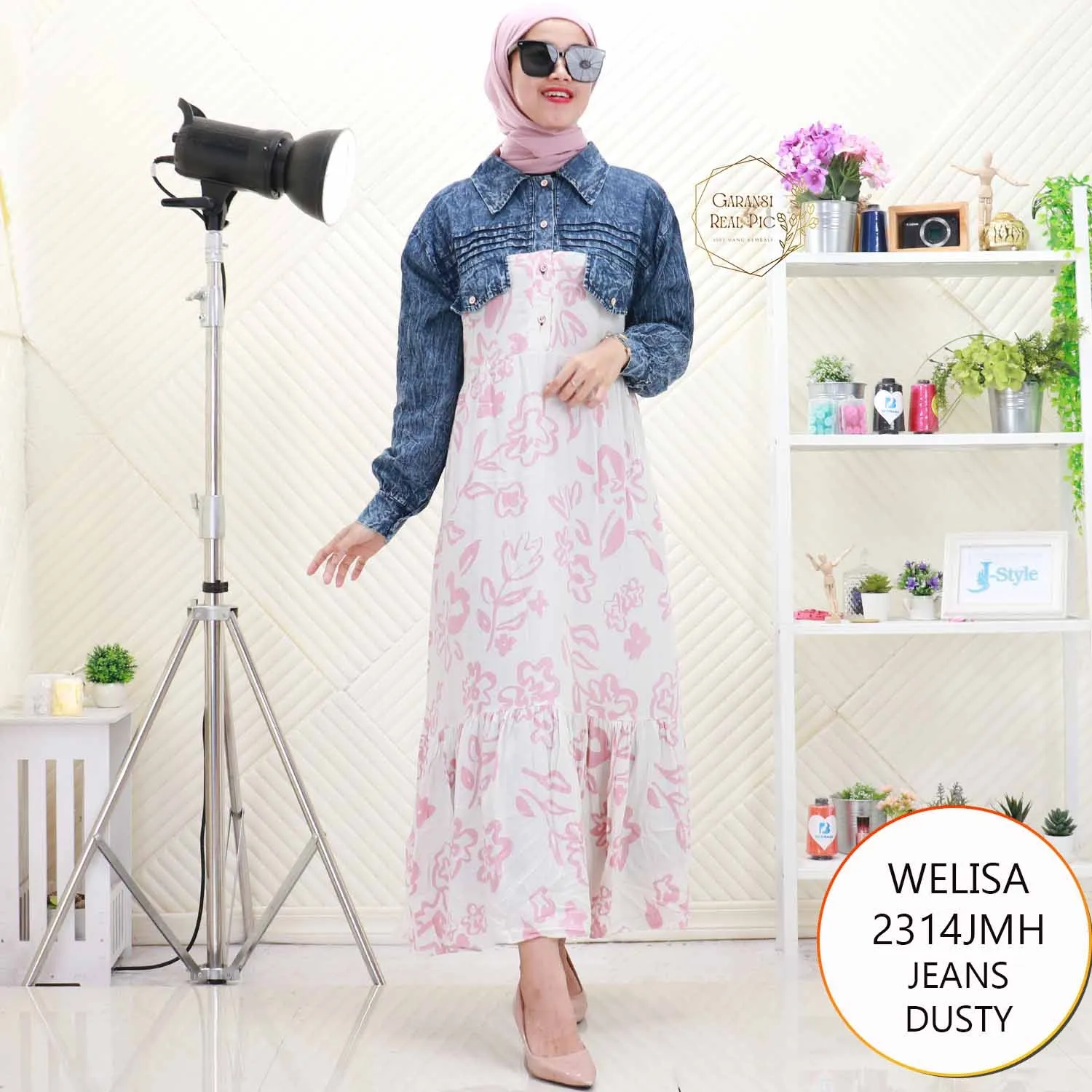 Welisa Gamis Jeans Mix Katun Lipit Depan Busui Friendly