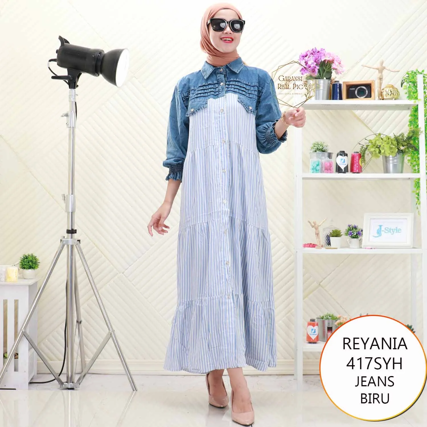 Reyania Gamis Jeans Mix Katun Lipit Depan Busui Friendly