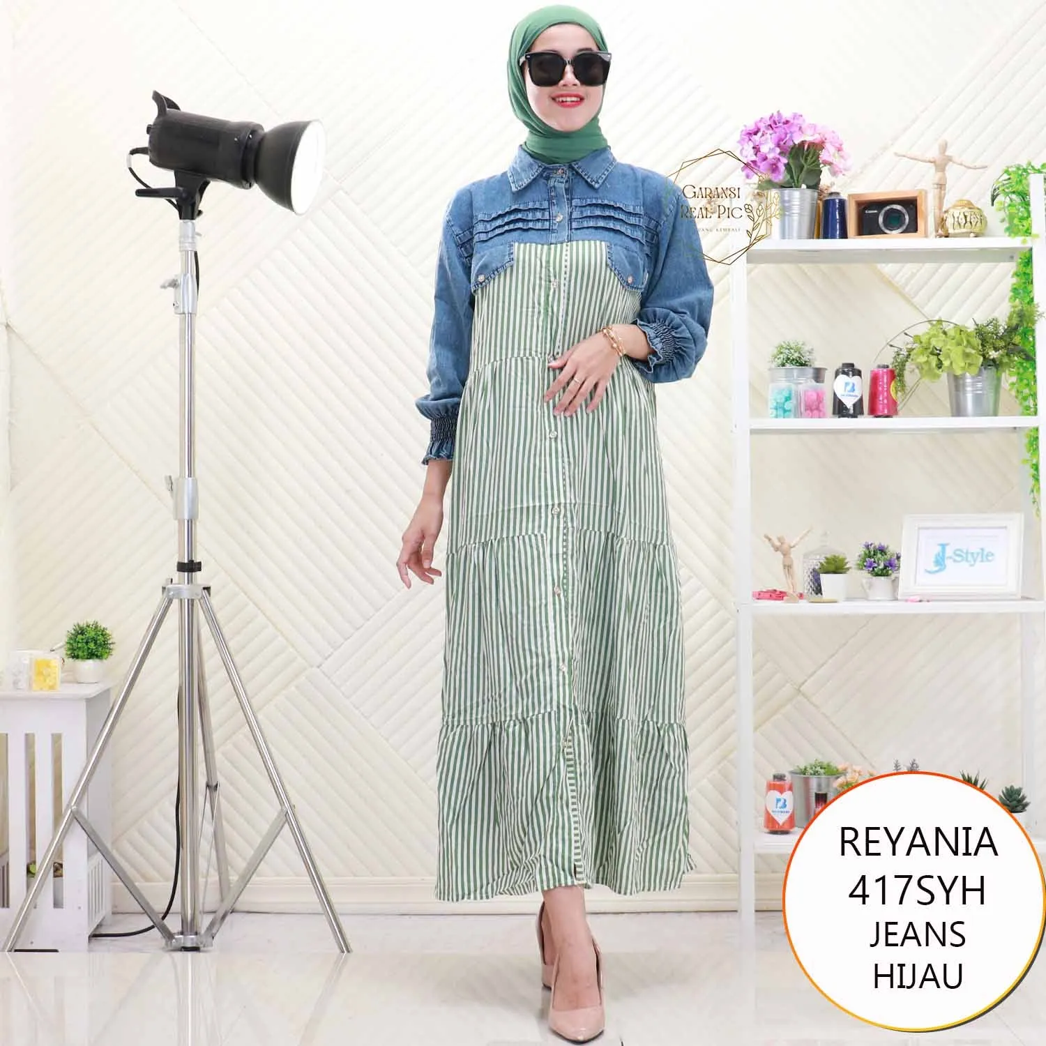 Reyania Gamis Jeans Mix Katun Lipit Depan Busui Friendly