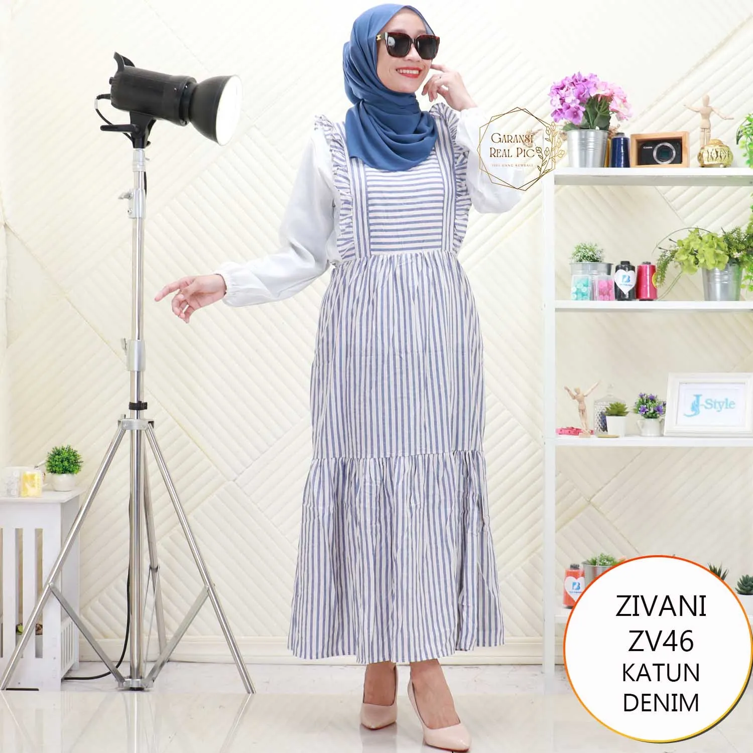 Zivani Briani Gamis Overall 2in1 Katun Motif Salur Umpak Bawah