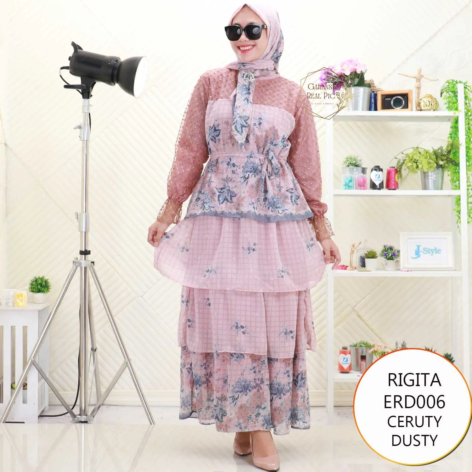 Rigita Gamis Set Hijab Ceruty Umpak Motif Print Mix Tile Full Furing