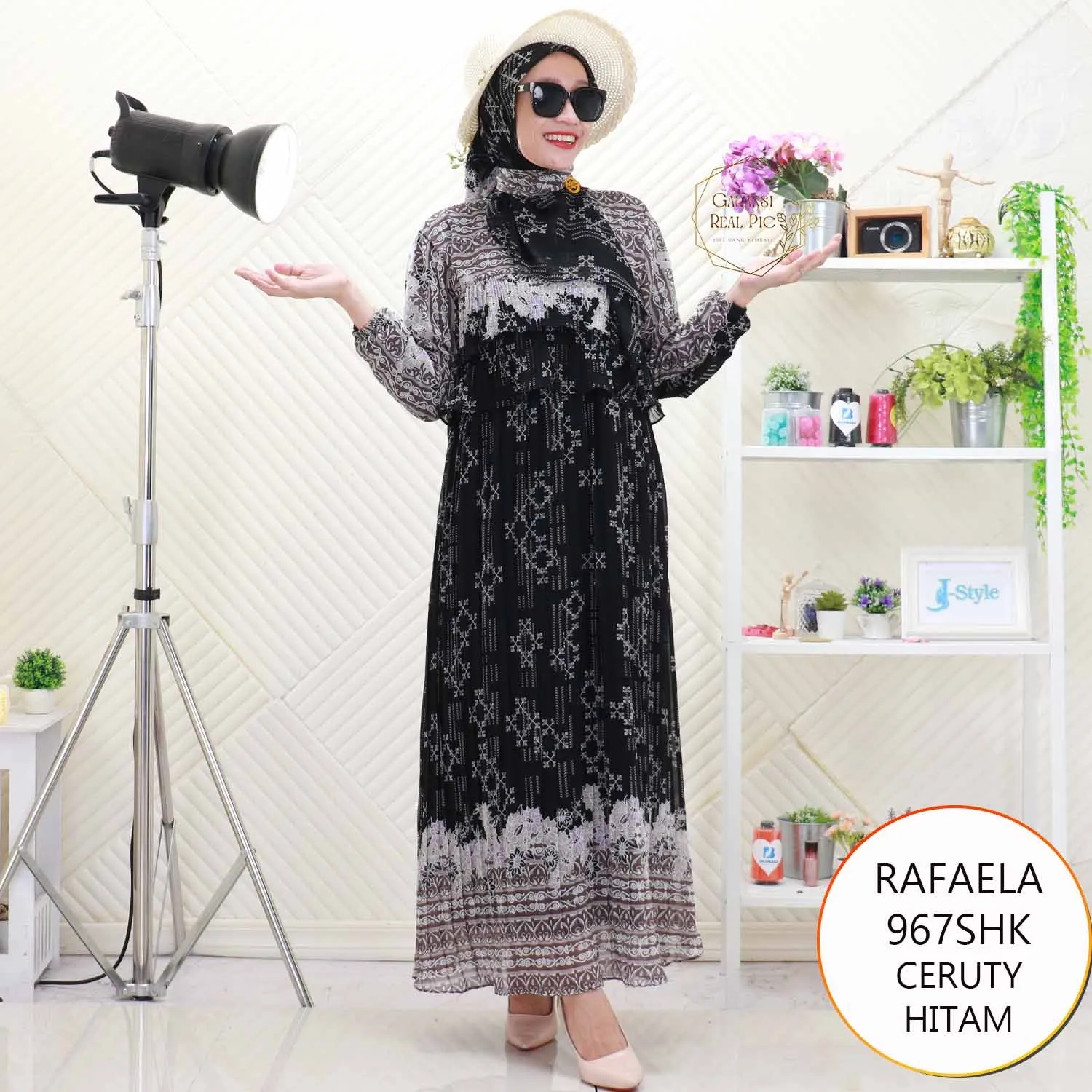 Rafaela Gamis Set Hijab Ceruty Motif Printing Umpak Susun Plisket