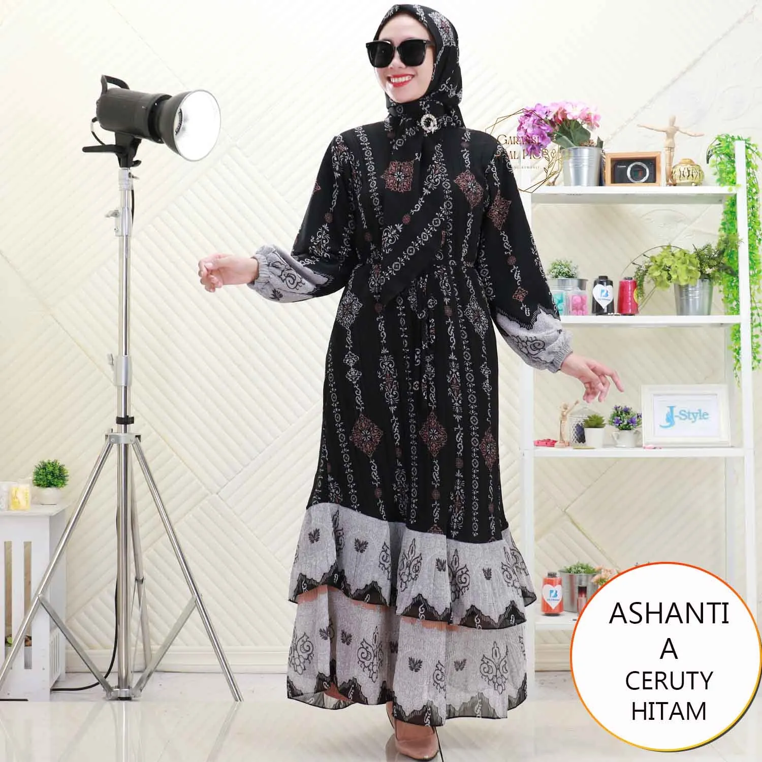 Ashanti Gamis Ceruty Set Hijab Motif Printing Plisket Busui Friendly