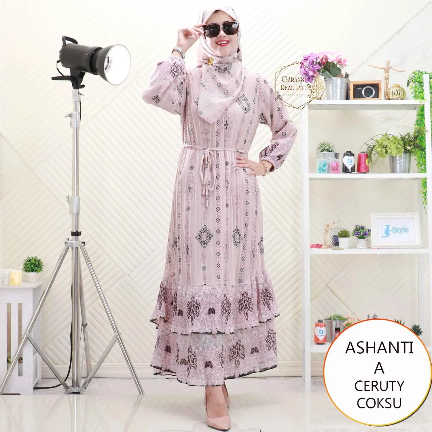 Ashanti Gamis Ceruty Set Hijab Motif Printing Plisket Busui Friendly