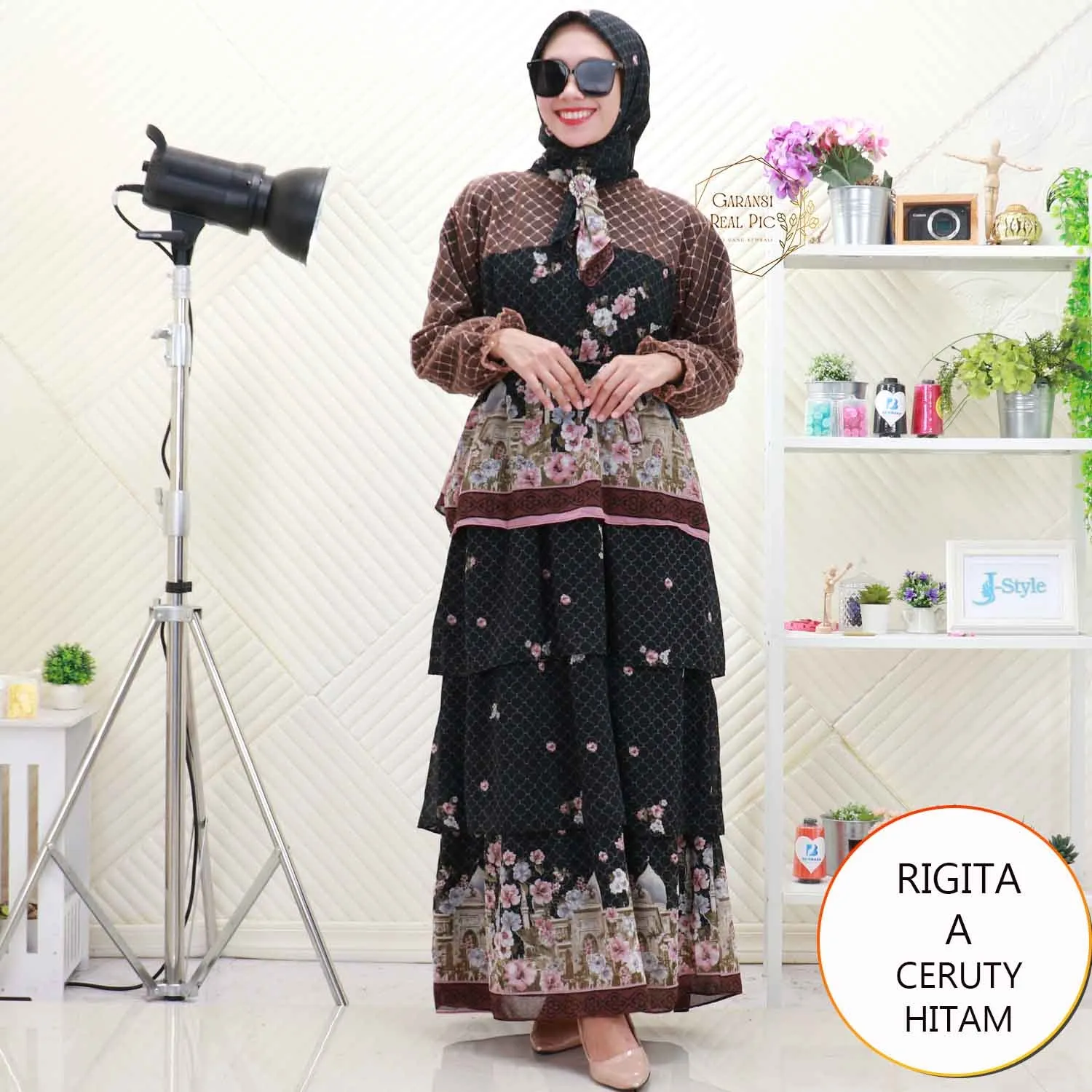 Rigita Gamis Set Hijab Ceruty Umpak Motif Print Mix Tile Full Furing