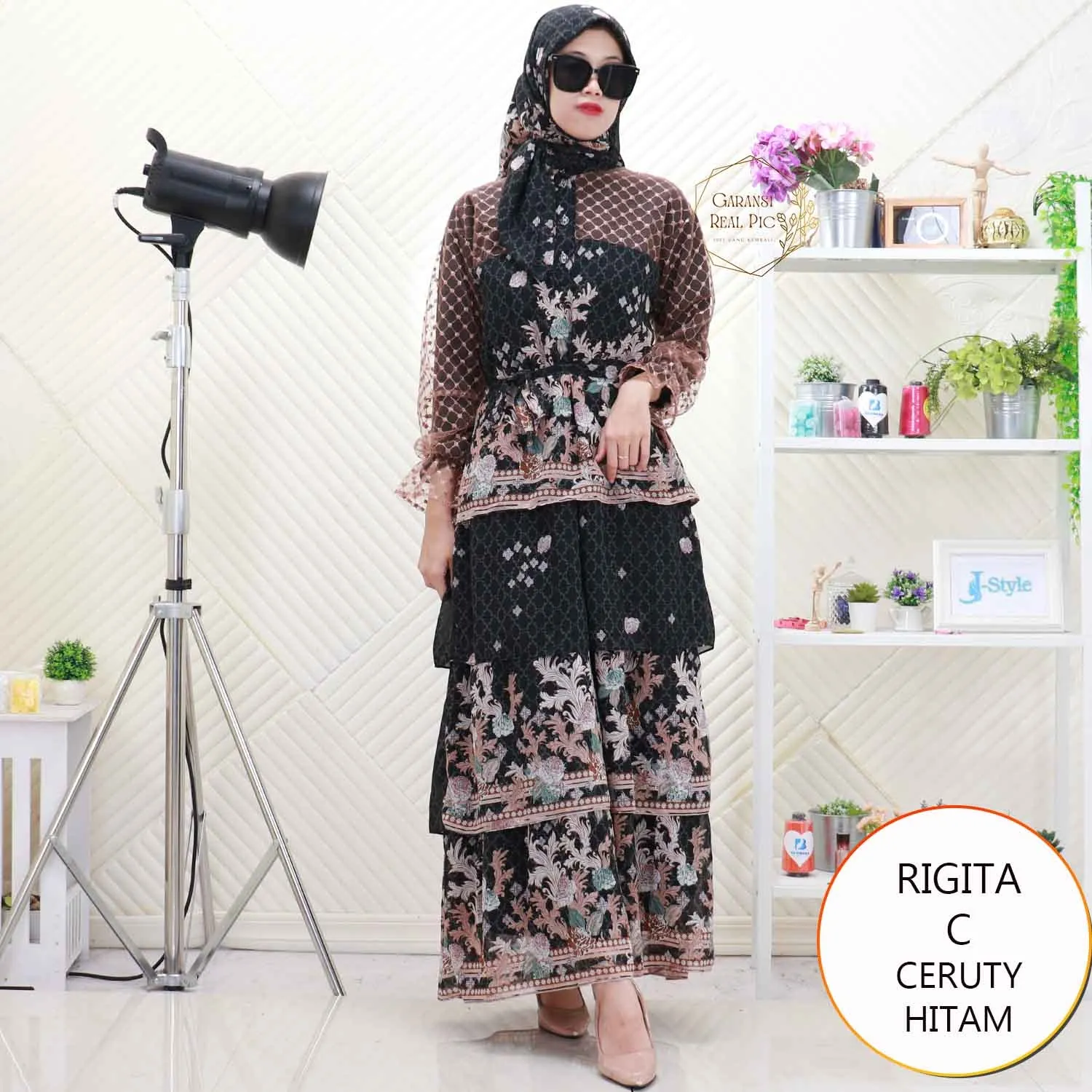 Rigita Gamis Set Hijab Ceruty Umpak Motif Print Mix Tile Full Furing