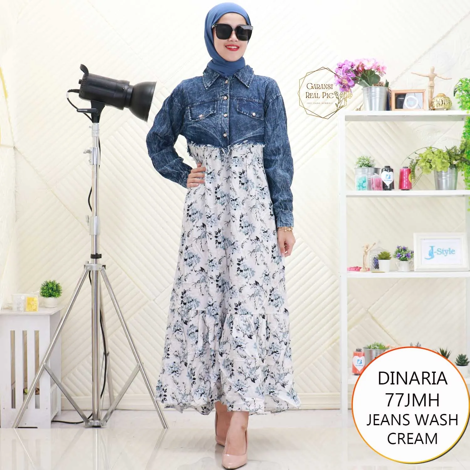 Dinaria Gamis Jeans Wash Mix Katun Motif Printing Busui Friendly