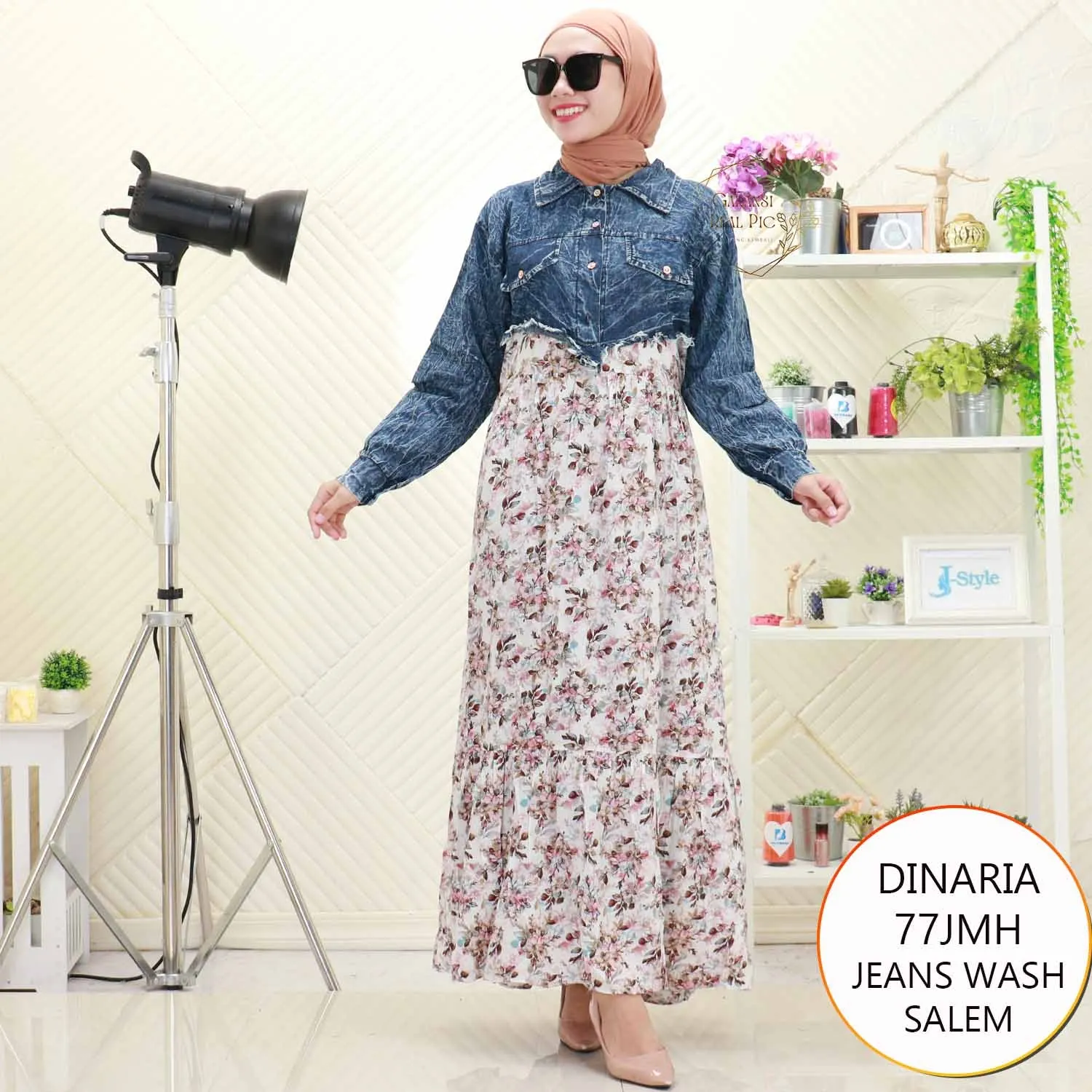 Dinaria Gamis Jeans Wash Mix Katun Motif Printing Busui Friendly 77JMH Jean wash - bajubaru.id, Belanja Online di bajubaru.id saja 