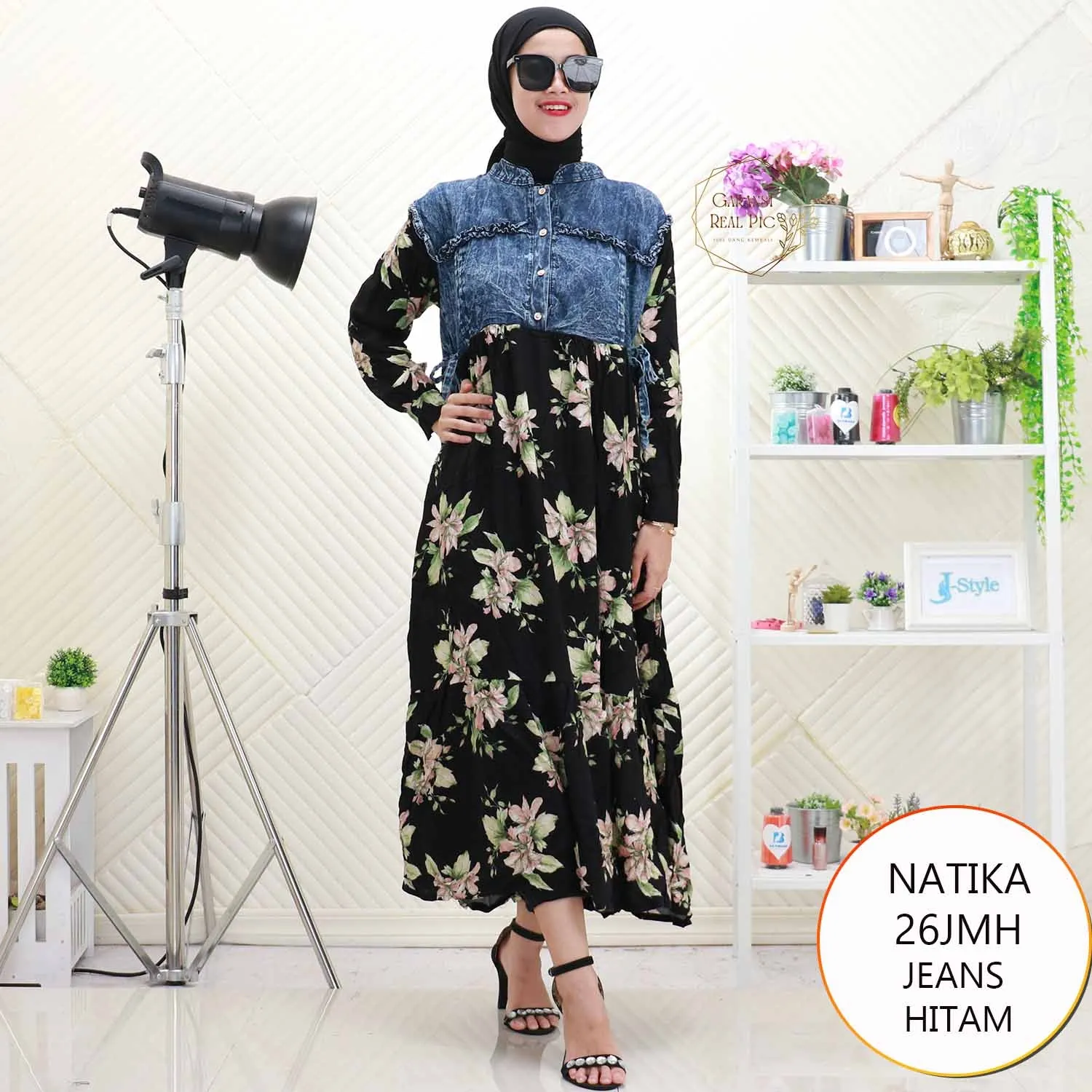 Natika Gamis Jeans Mix Rayon Motif Printing Busui Friendly