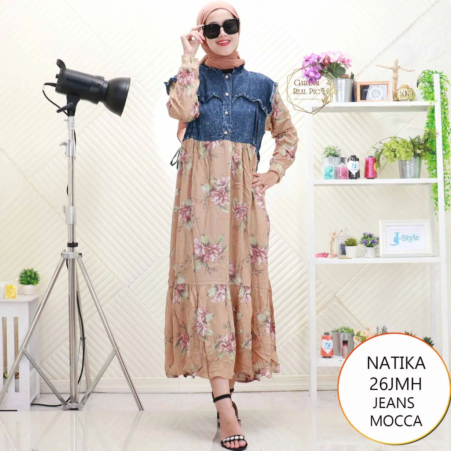 Natika Gamis Jeans Mix Rayon Motif Printing Busui Friendly