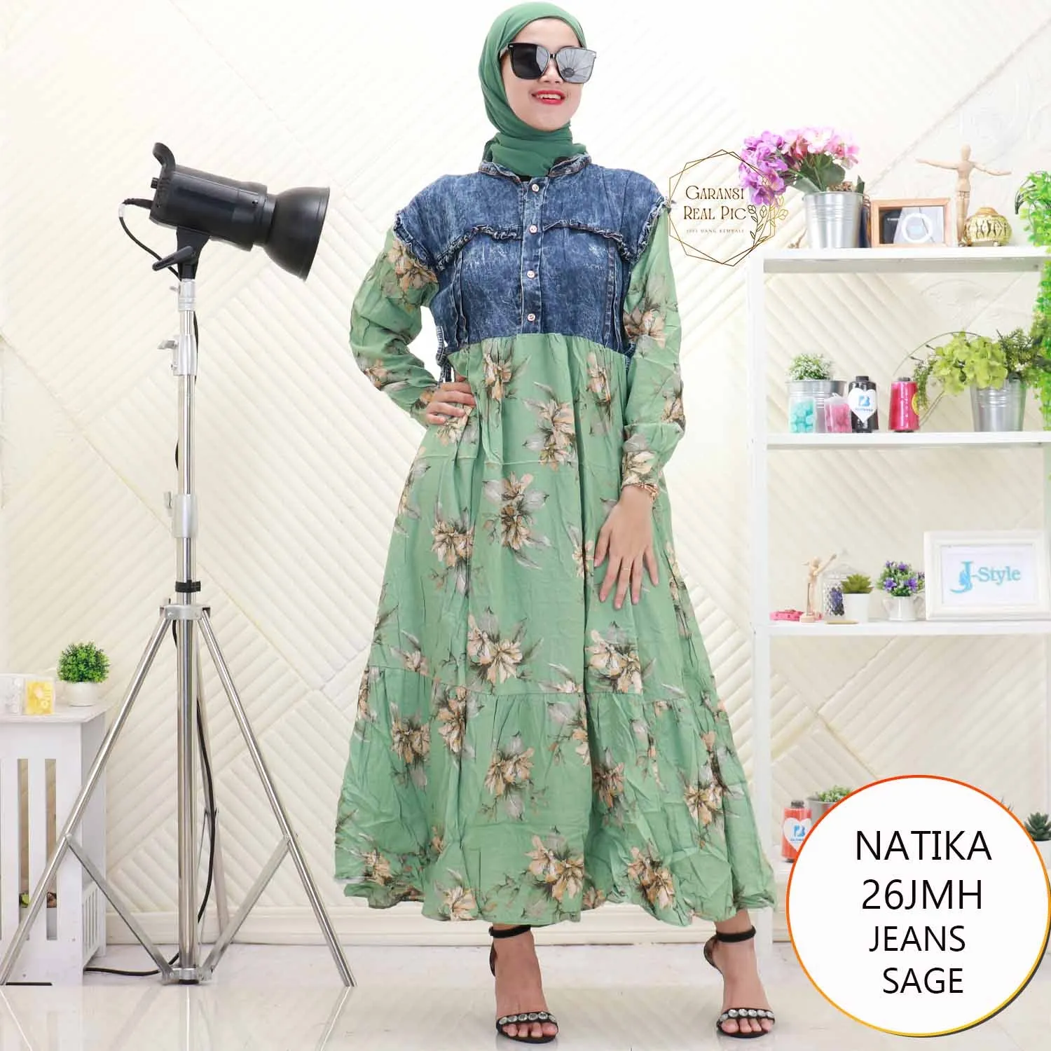 Natika Gamis Jeans Mix Rayon Motif Printing Busui Friendly