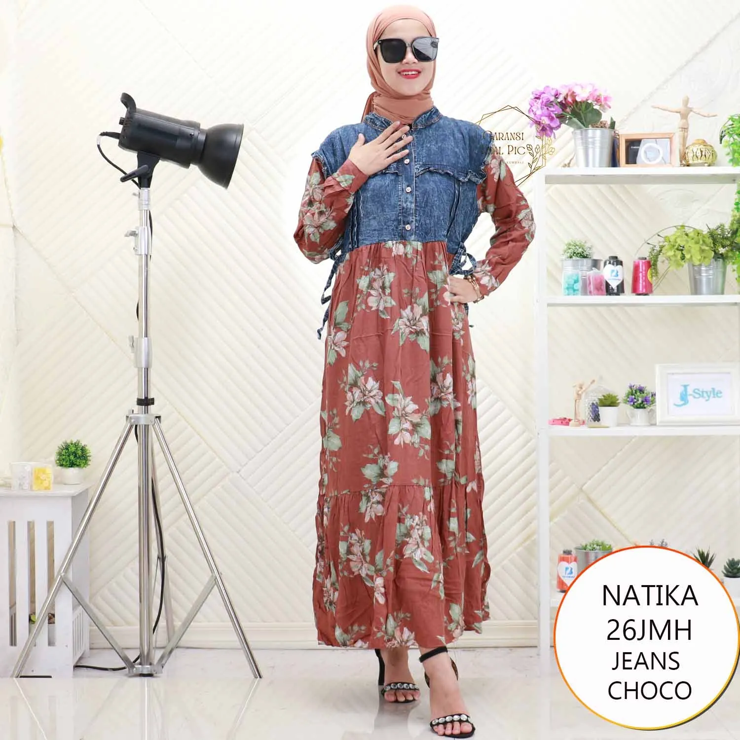 Natika Gamis Jeans Mix Rayon Motif Printing Busui Friendly