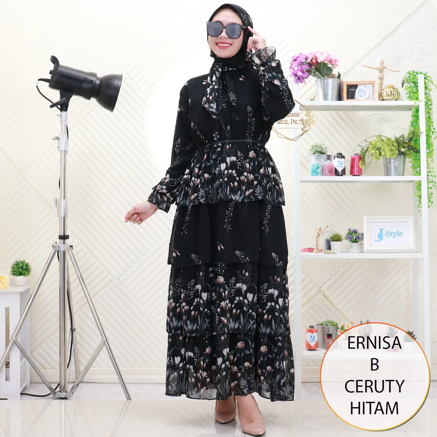 Ernisa Gamis Set Hijab Ceruty Motif Printing Umpak Susun