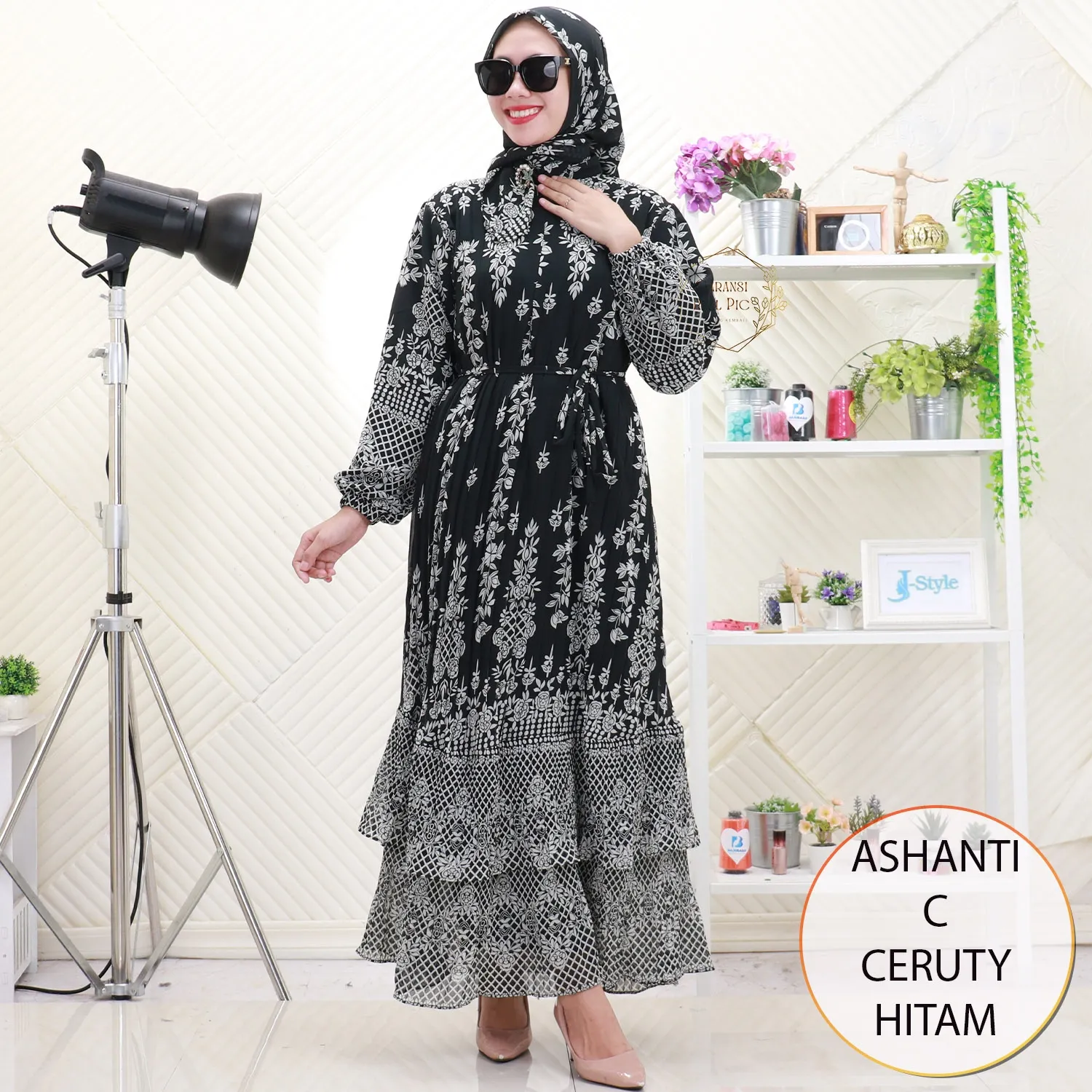 Ashanti Gamis Ceruty Set Hijab Motif Printing Plisket Busui Friendly