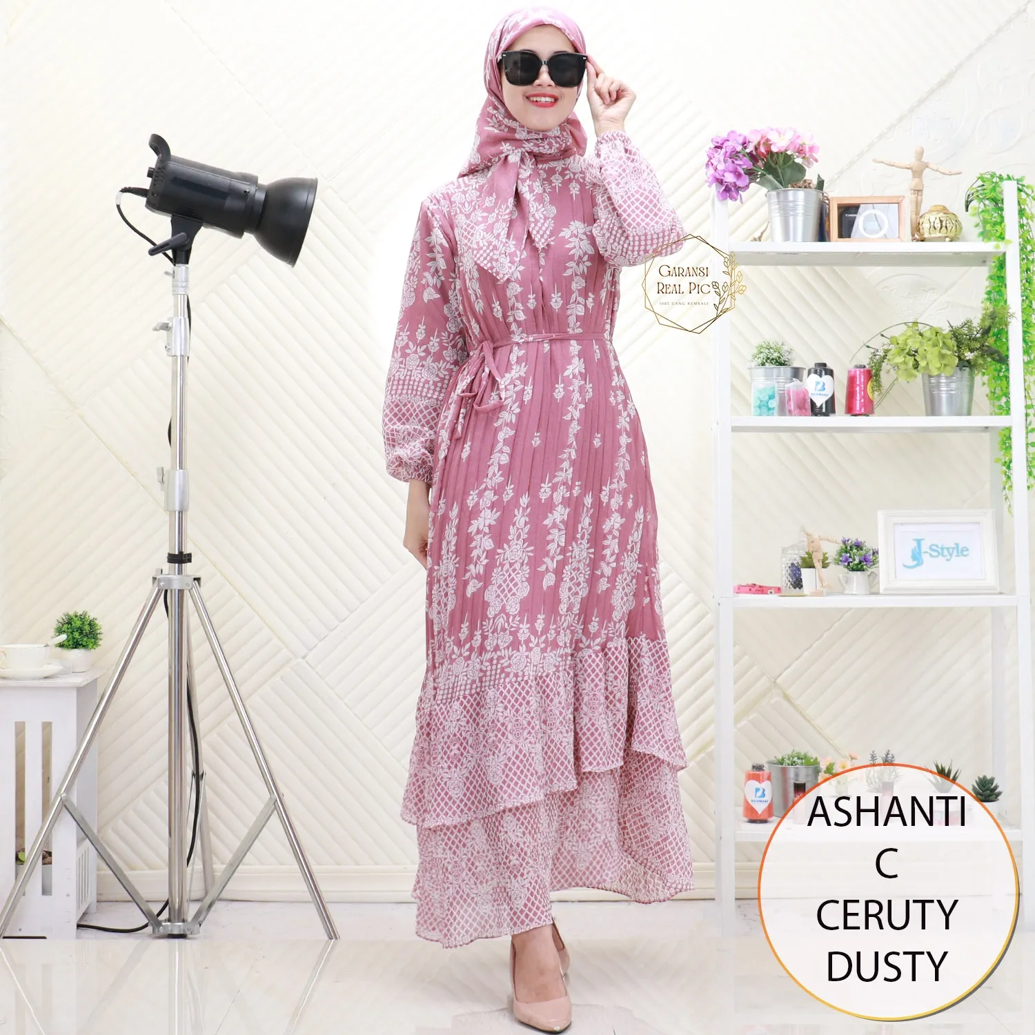 Ashanti Gamis Ceruty Set Hijab Motif Printing Plisket Busui Friendly