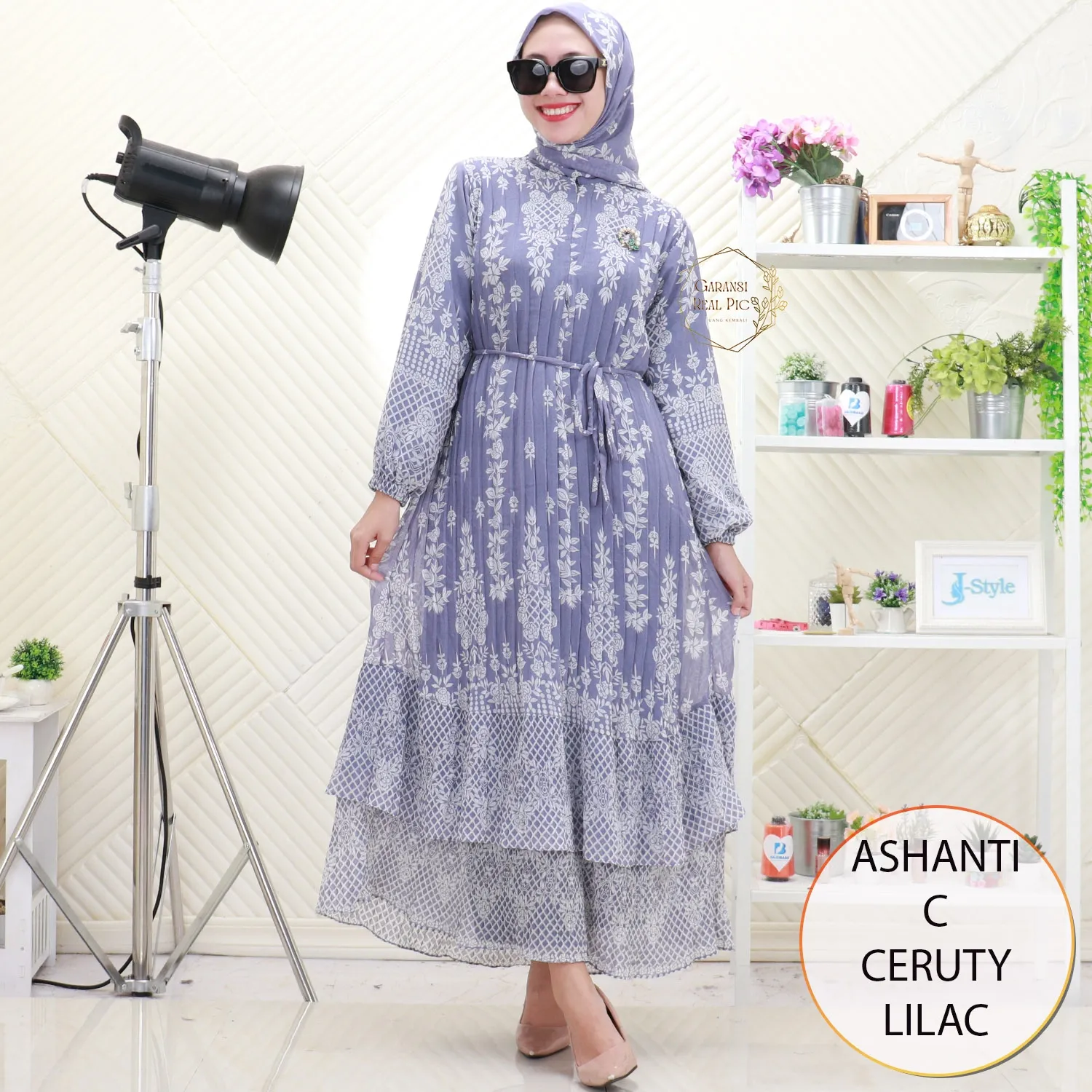 Ashanti Gamis Ceruty Set Hijab Motif Printing Plisket Busui Friendly
