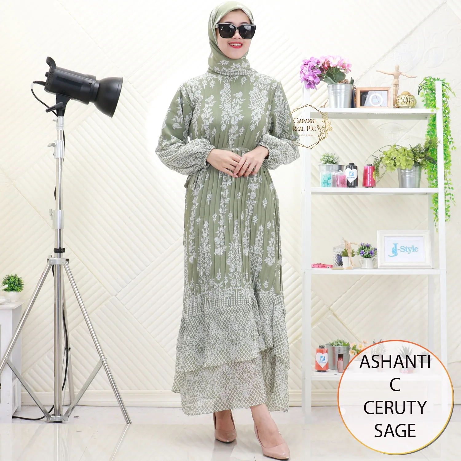 Ashanti Gamis Ceruty Set Hijab Motif Printing Plisket Busui Friendly