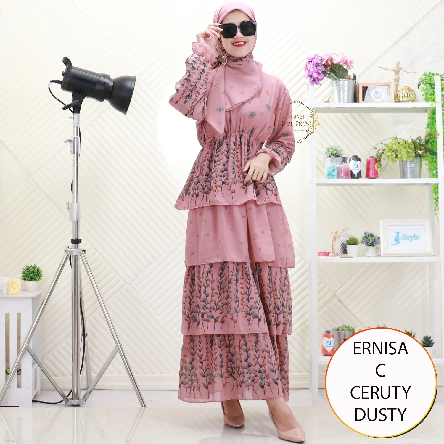 Ernisa Gamis Set Hijab Ceruty Motif Printing Umpak Susun