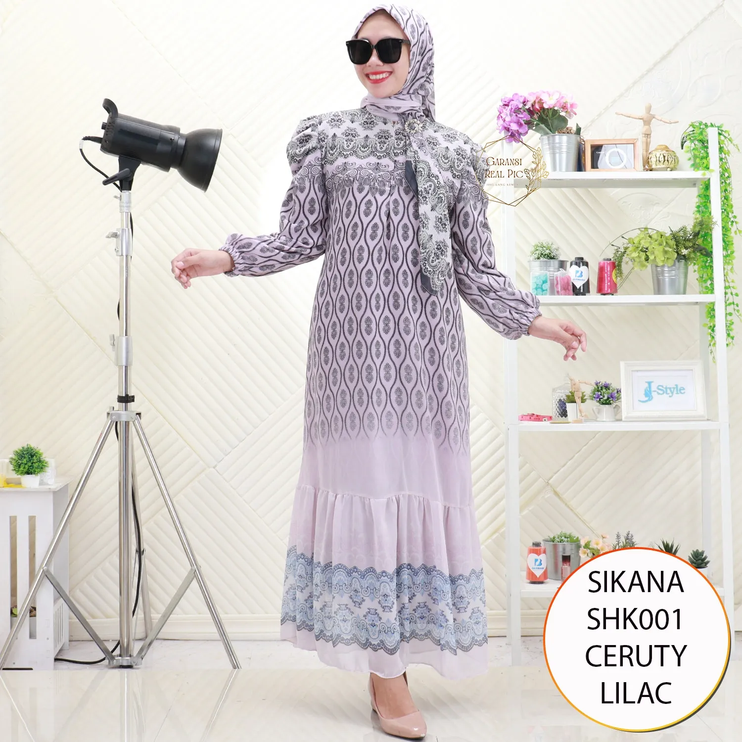 Sikana Gamis Busui Set Hijab Ceruty Motif Printing Lengan Balon Serut SHK001 ceruty - bajubaru.id, Belanja Online di bajubaru.id saja 