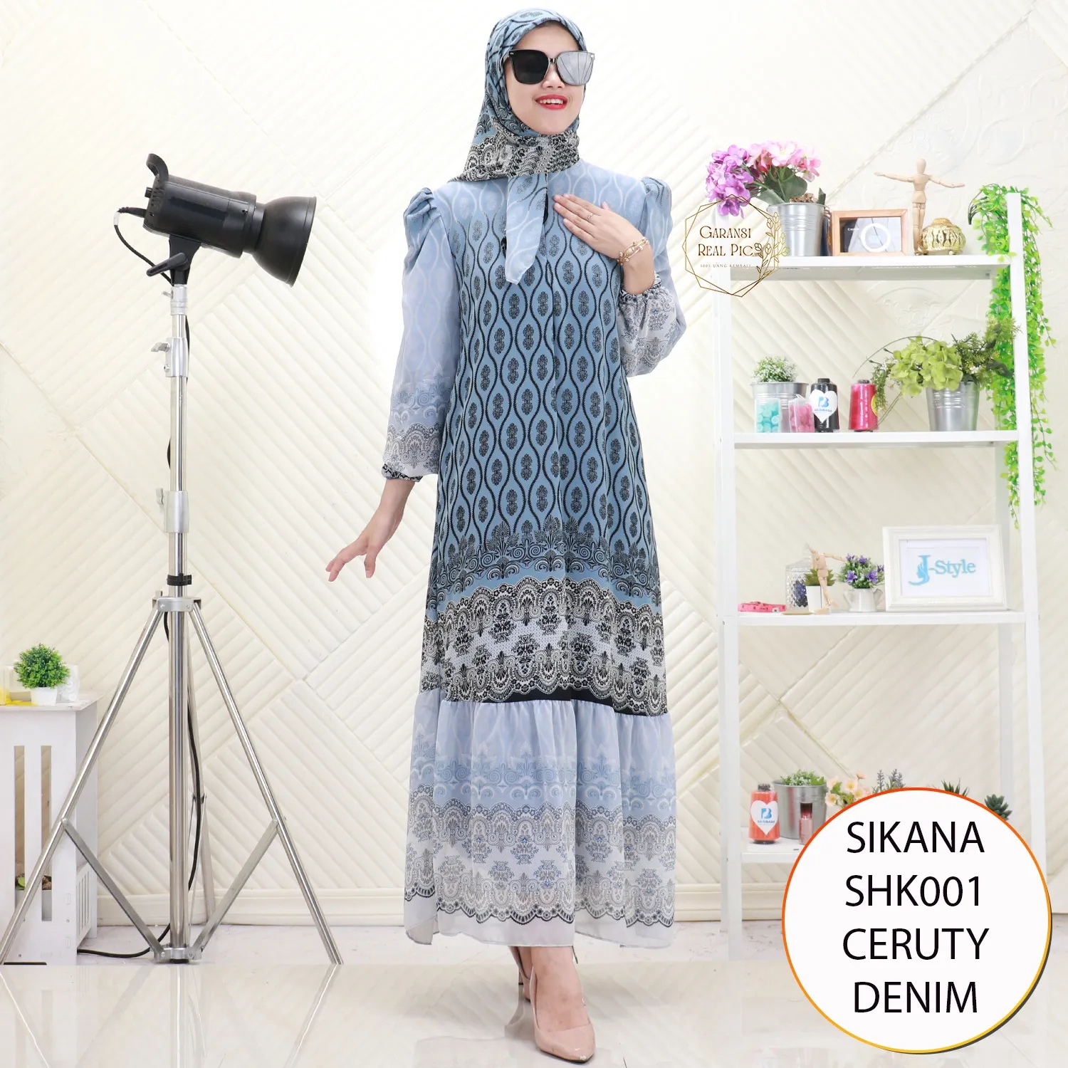 Sikana Gamis Busui Set Hijab Ceruty Motif Printing Lengan Balon Serut