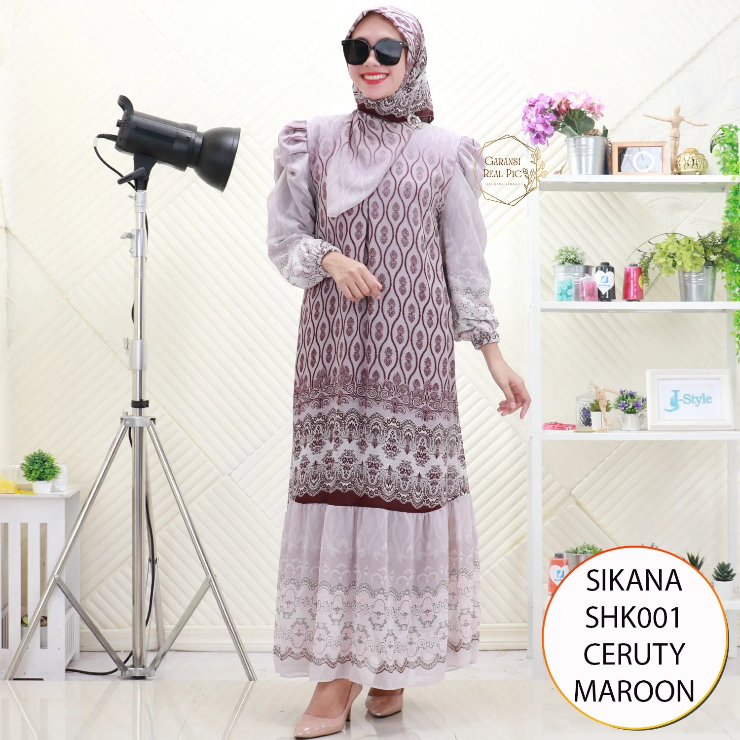 Sikana Gamis Busui Set Hijab Ceruty Motif Printing Lengan Balon Serut