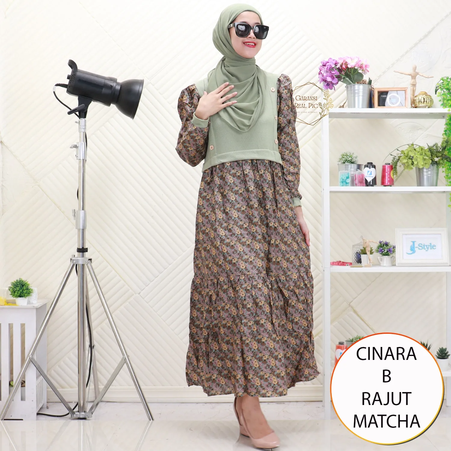 Cinara Rajut Mix Rayon Motif Print Cantik  Lengan Balon Serut