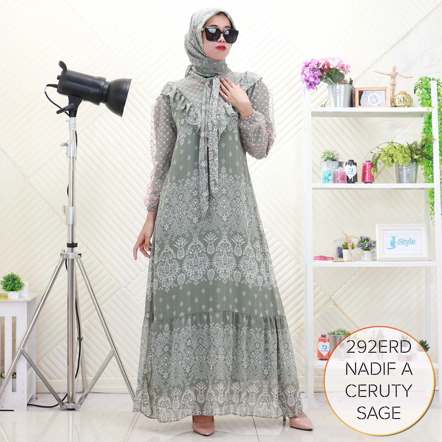 Nadif Gamis Set Hijab Wanita Muslimah Busui Sleting Ceruty Motif Printing Ruffel Depan