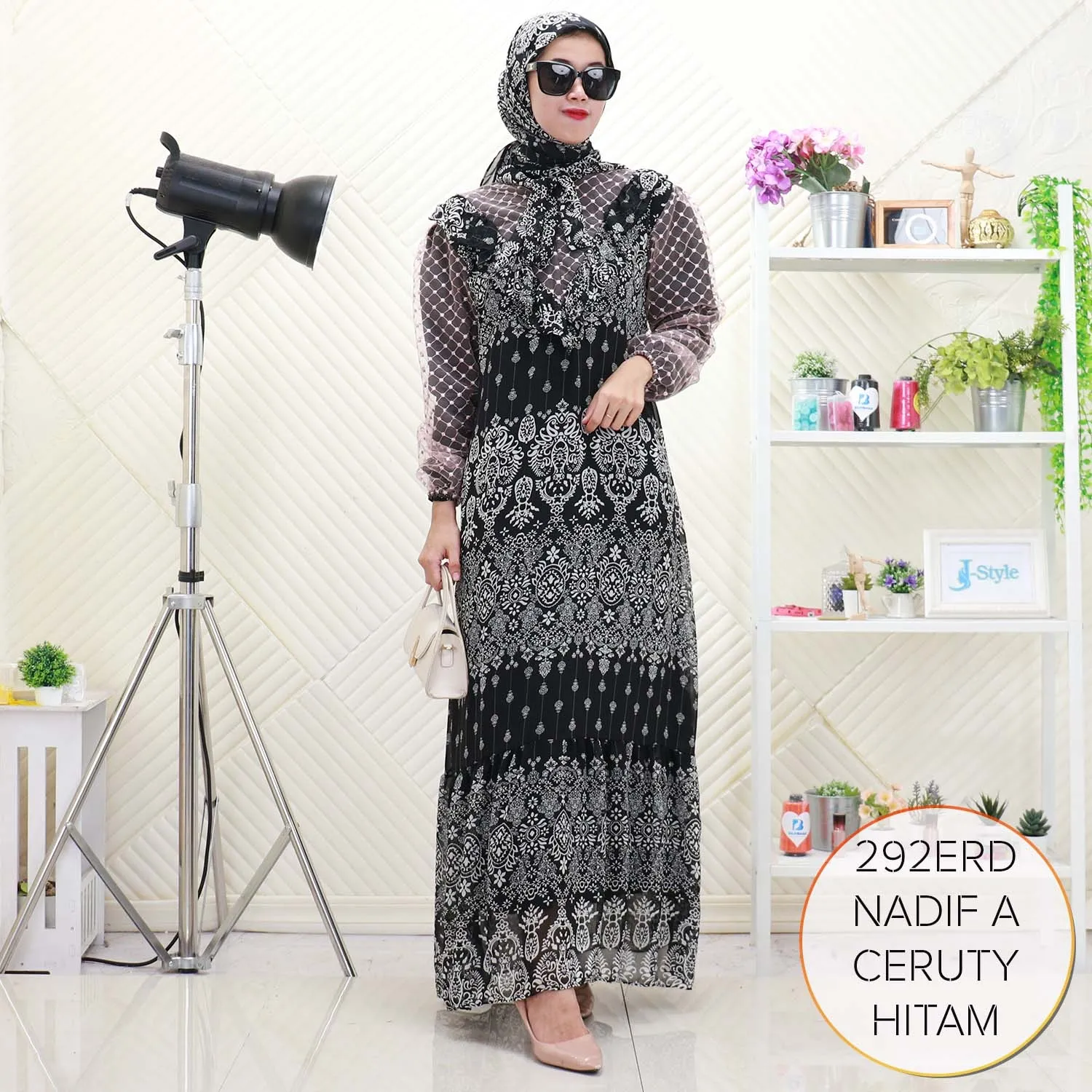 Nadif Gamis Set Hijab Wanita Muslimah Busui Sleting Ceruty Motif Printing Ruffel Depan