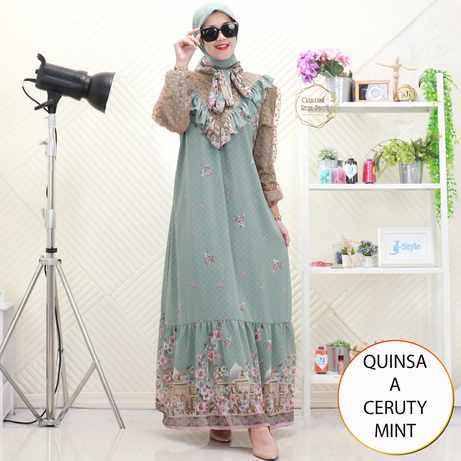 Quinsa Gamis Set Hijab Wanita Muslimah Busui Friendly Ceruty Printing Motif Lengan Balon Til