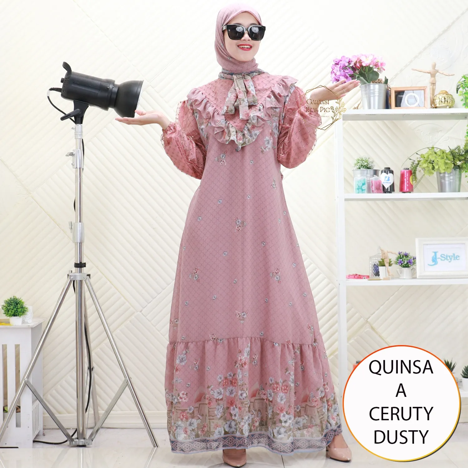 Quinsa Gamis Set Hijab Wanita Muslimah Busui Friendly Ceruty Printing Motif Lengan Balon Til