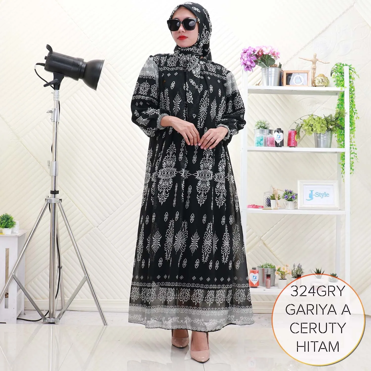 Gariya Gamis Set Hijab Ceruty Motif Etnik Full Furing 324GRY ceruty - bajubaru.id, Belanja Online di bajubaru.id saja 