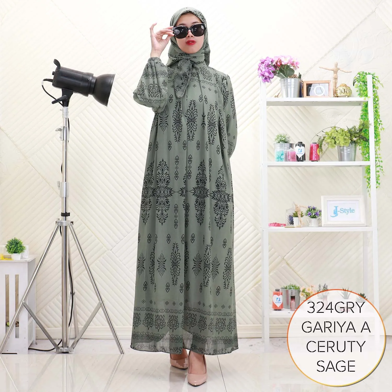 Gariya Gamis Set Hijab Ceruty Motif Etnik Full Furing