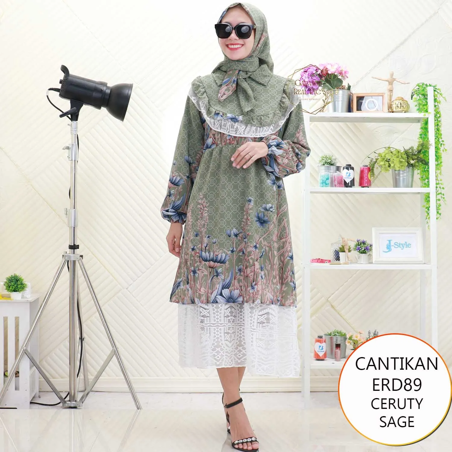 Cantikan Midi Dress Set Hijab Ceruty Motif Printing Busui Friendly