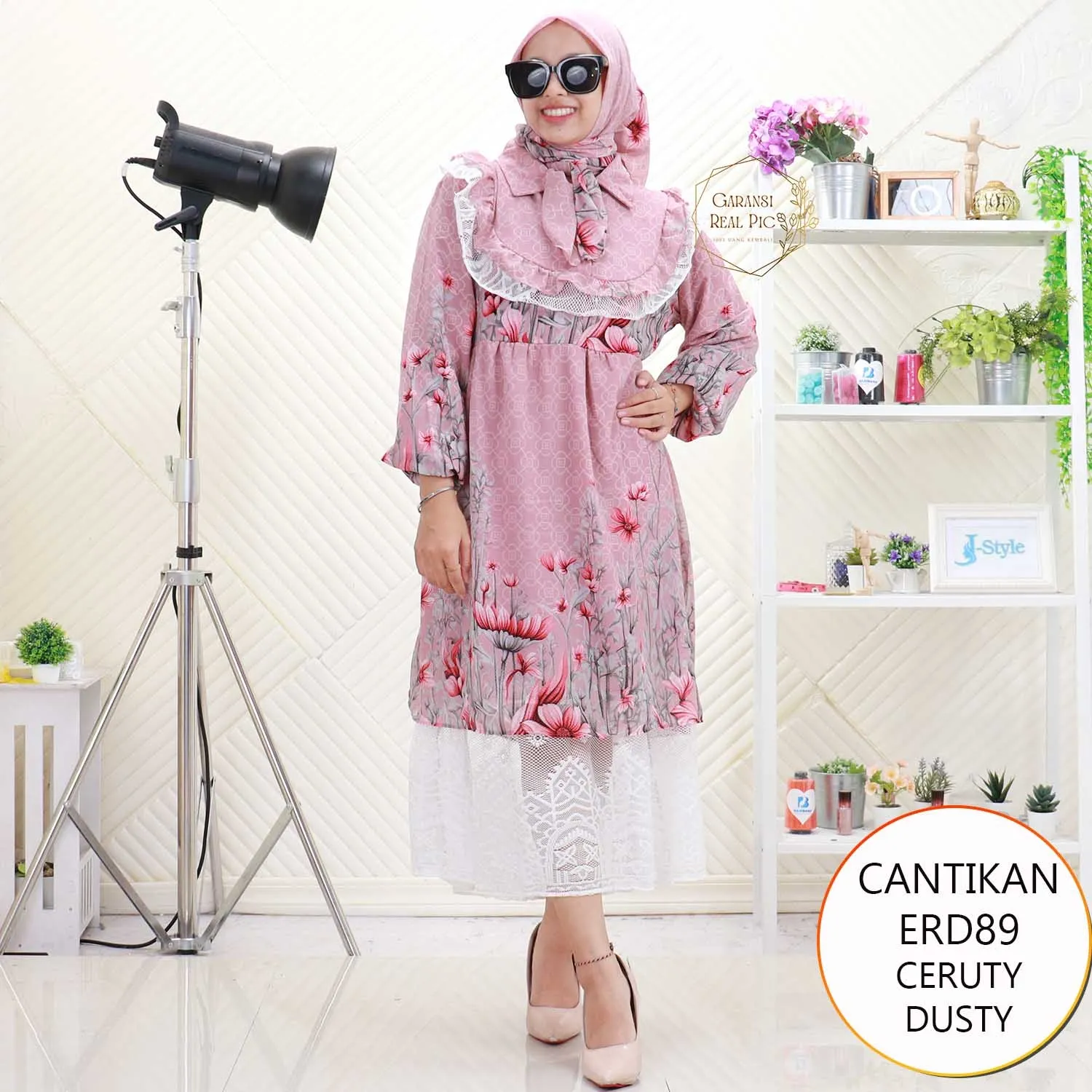 Cantikan Midi Dress Set Hijab Ceruty Motif Printing Busui Friendly