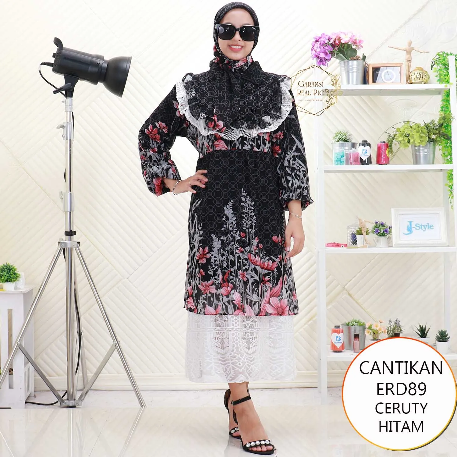 Cantikan Midi Dress Set Hijab Ceruty Motif Printing Busui Friendly