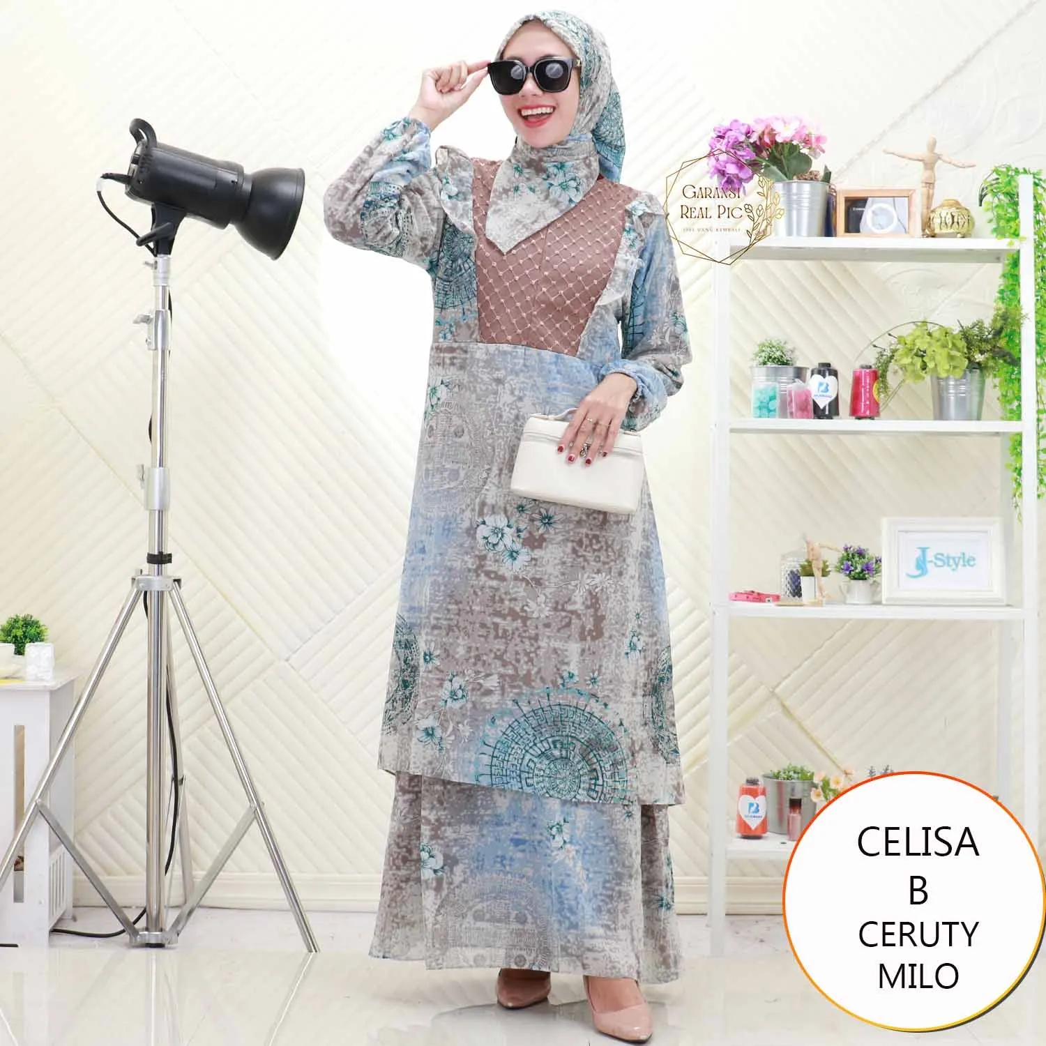 Celisa Gamis Wanita Muslimah Busui Friendly Set Hijab Ceruty Motif Print Umpak Susun Depan ERD002 ceruty - bajubaru.id, Belanja Online di bajubaru.id saja 