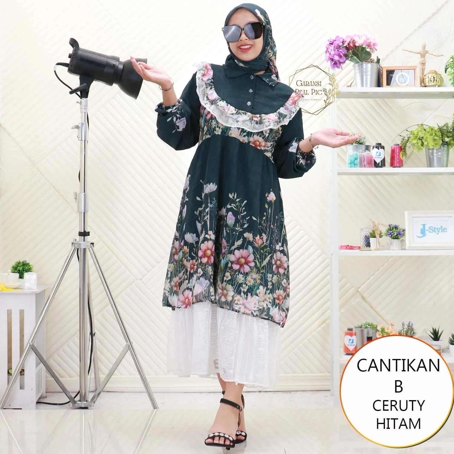 Cantikan Midi Dress Set Hijab Ceruty Motif Printing Busui Friendly