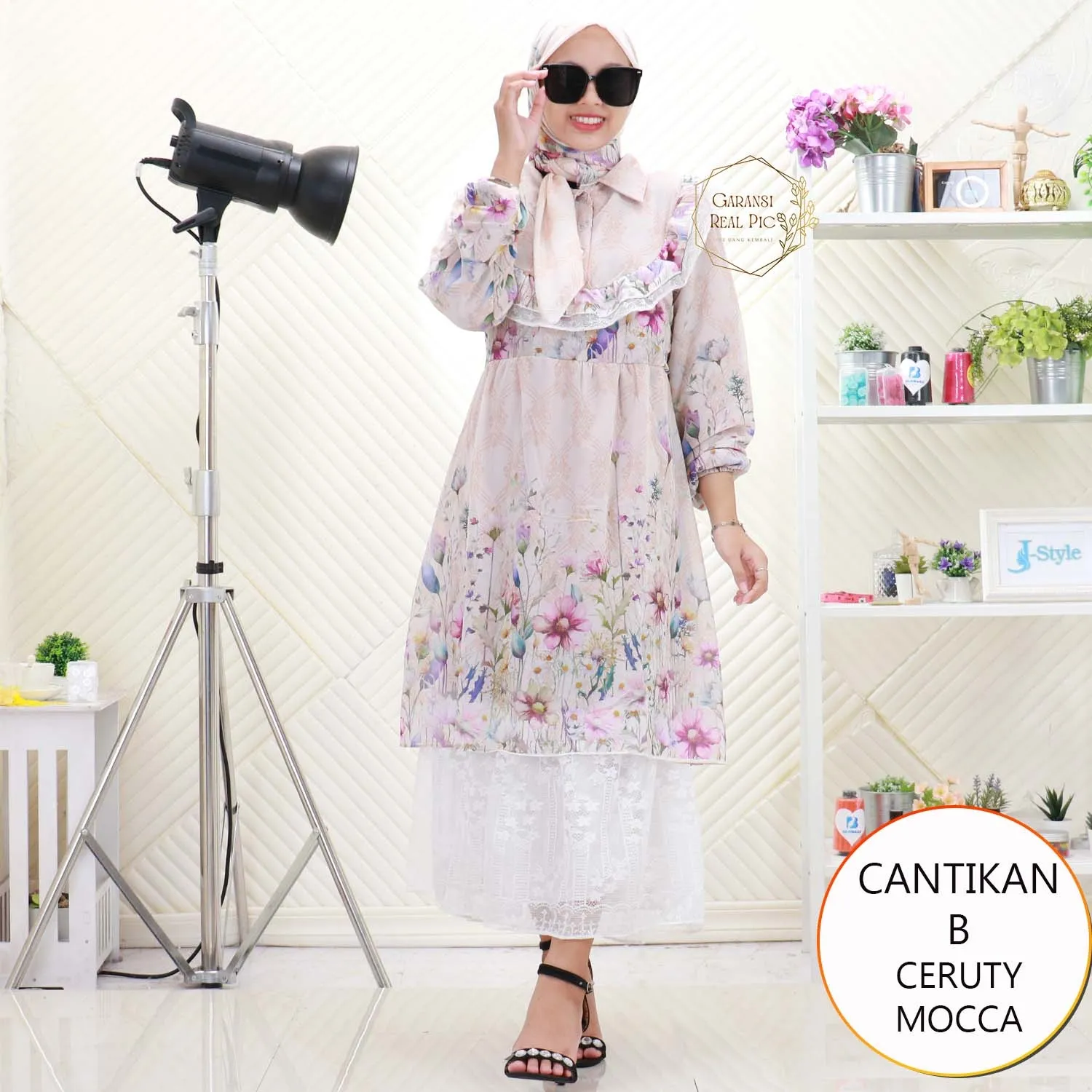 Cantikan Midi Dress Set Hijab Ceruty Motif Printing Busui Friendly