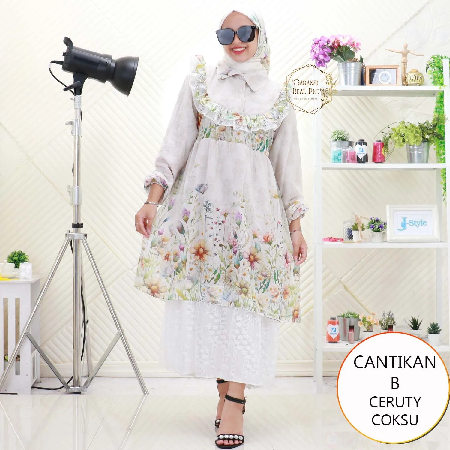 Cantikan Midi Dress Set Hijab Ceruty Motif Printing Busui Friendly