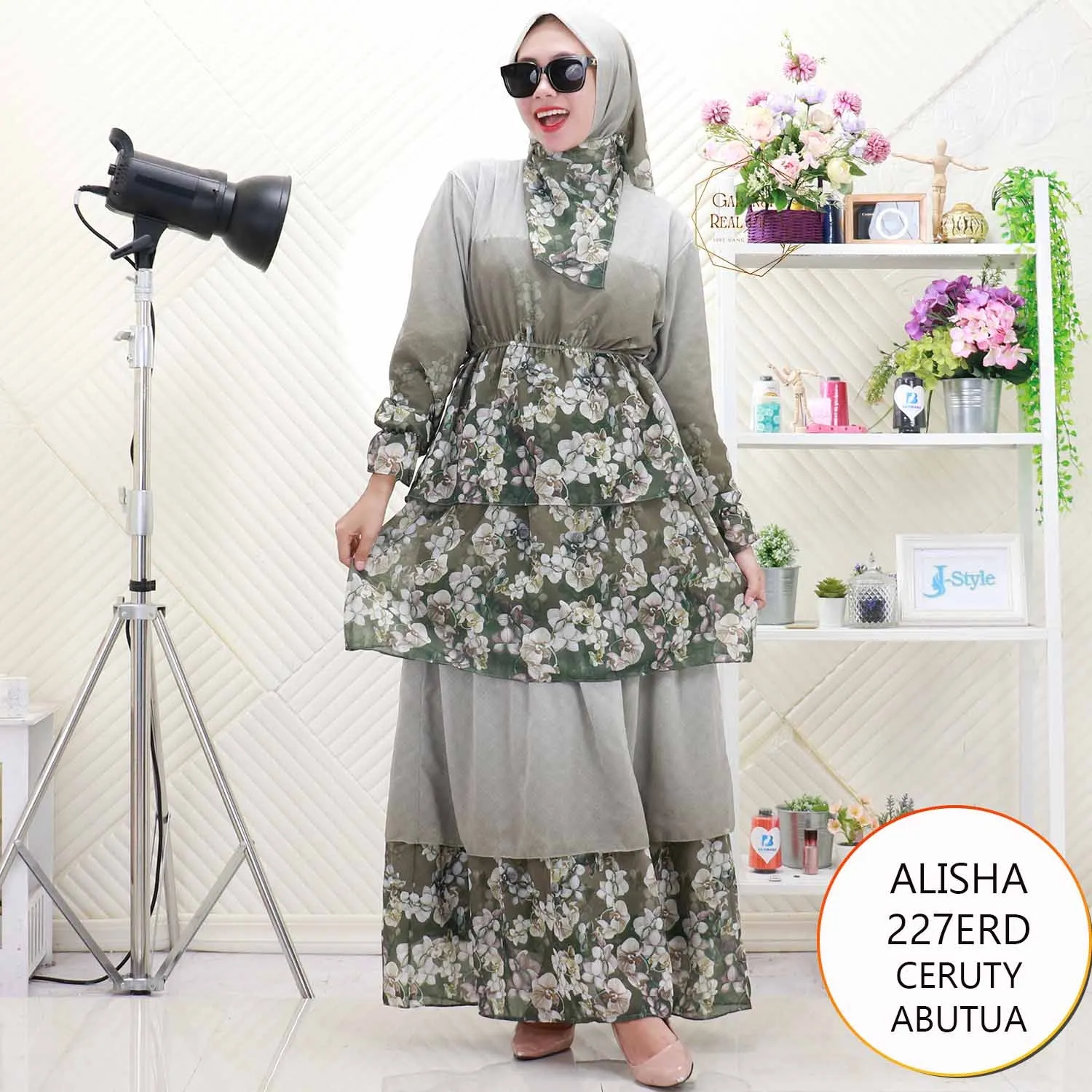 Alisha Gamis Set Hijab Ceruty Full Furing Motif Bunga Umpak Susun Keliling
