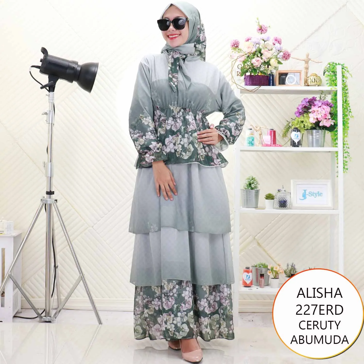 Alisha Gamis Set Hijab Ceruty Full Furing Motif Bunga Umpak Susun Keliling