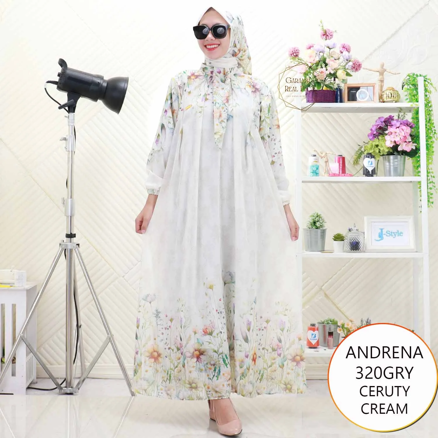 Gamis Muslimah Set Hijab Ceruty Motif Printing Andrena