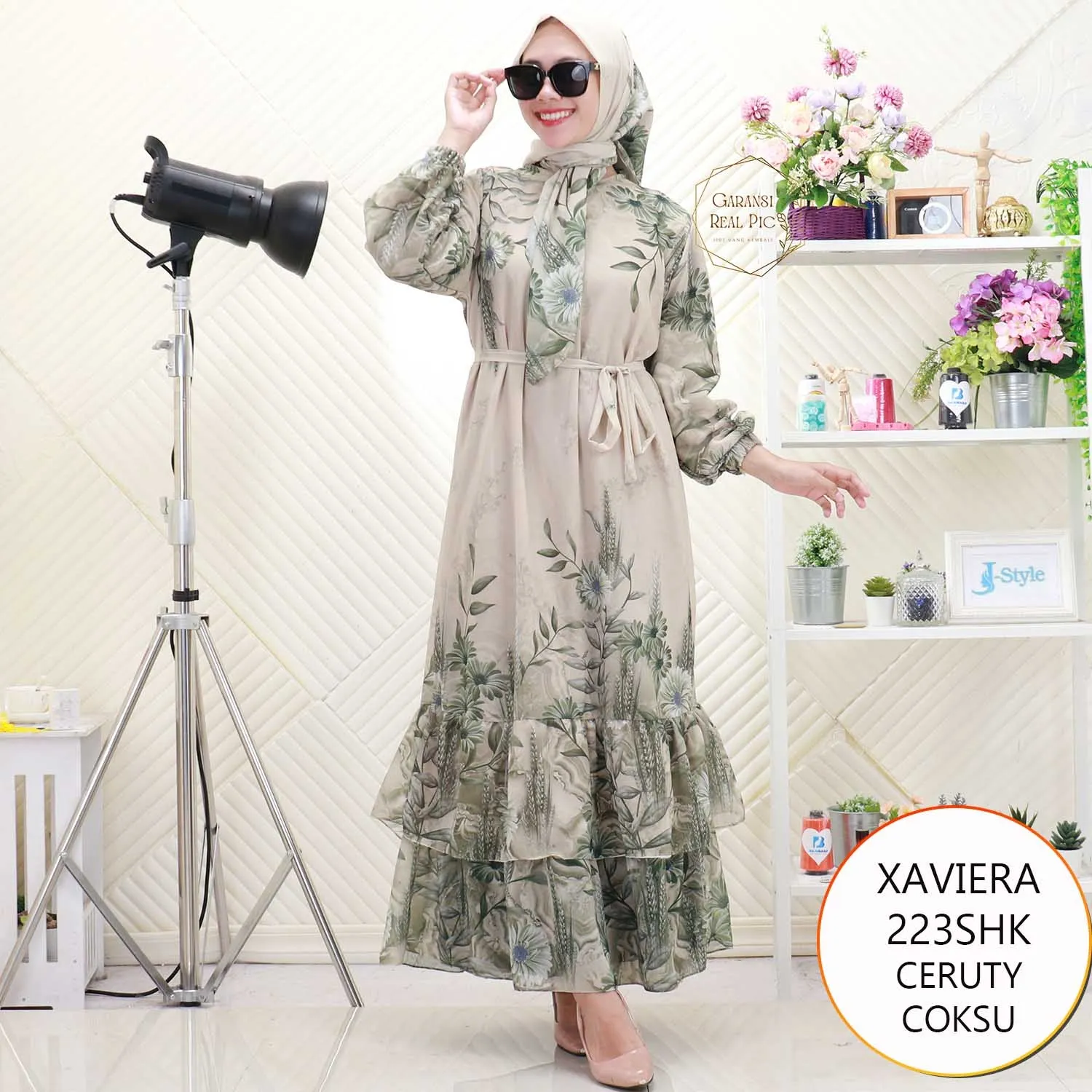 Xaviera Gamis Ceruty Motif Set Hijab Resleting Busui