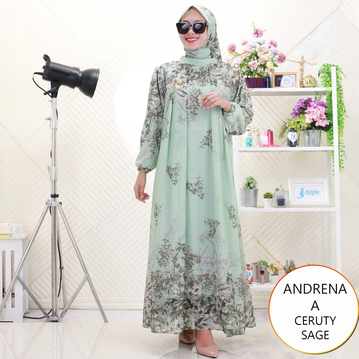 Gamis Muslimah Set Hijab Ceruty Motif Printing Andrena