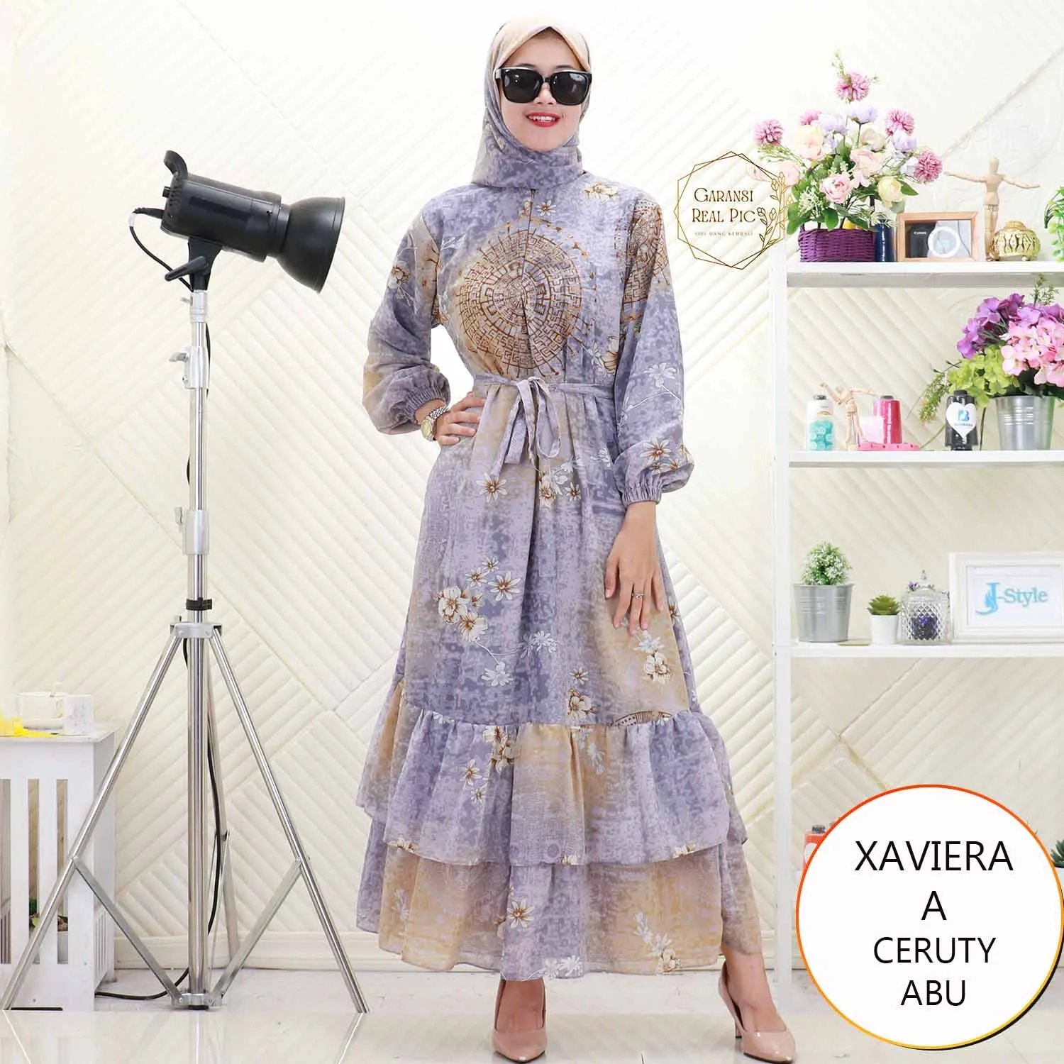 Xaviera Gamis Ceruty Motif Set Hijab Resleting Busui