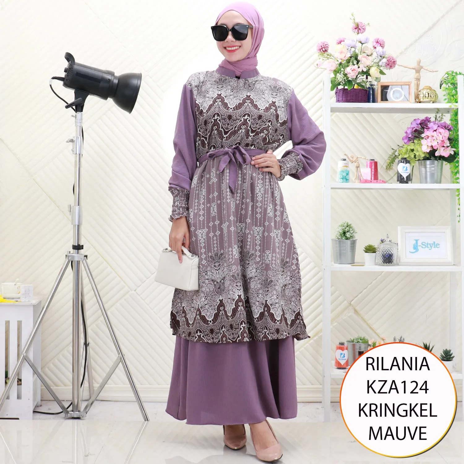 Rilania Gamis Malaysia Crinkle Motif Busui Friendly Lengan Kerut Karet