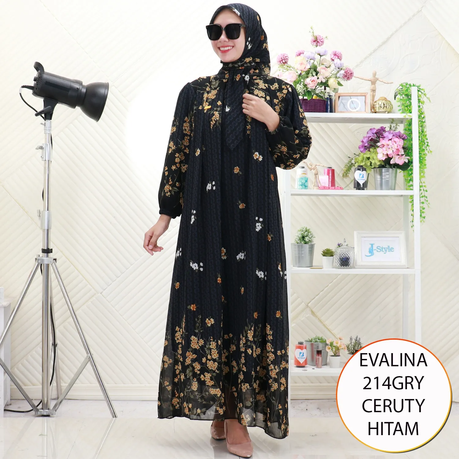 Evalina Gamis Set Hijab Ceruty Furing Motif Printing Lipit Depan